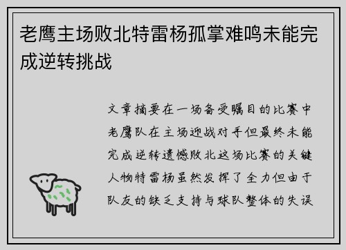 老鹰主场败北特雷杨孤掌难鸣未能完成逆转挑战