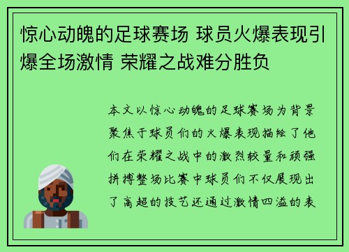 惊心动魄的足球赛场 球员火爆表现引爆全场激情 荣耀之战难分胜负