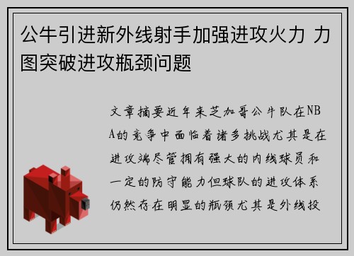 公牛引进新外线射手加强进攻火力 力图突破进攻瓶颈问题