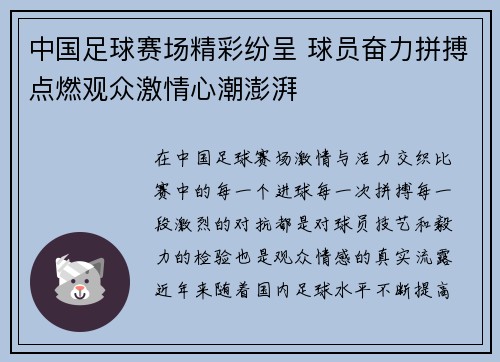 中国足球赛场精彩纷呈 球员奋力拼搏点燃观众激情心潮澎湃