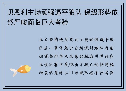 贝恩利主场顽强逼平狼队 保级形势依然严峻面临巨大考验