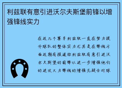 利兹联有意引进沃尔夫斯堡前锋以增强锋线实力